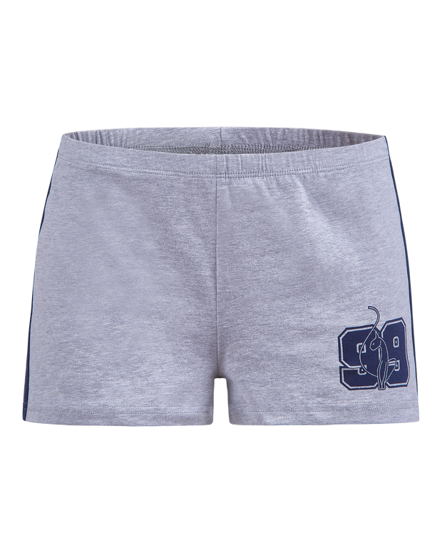 Baby Phat micro short in grey features navy blue side stripes on both sides and a cat 99 logo on the front leg. 