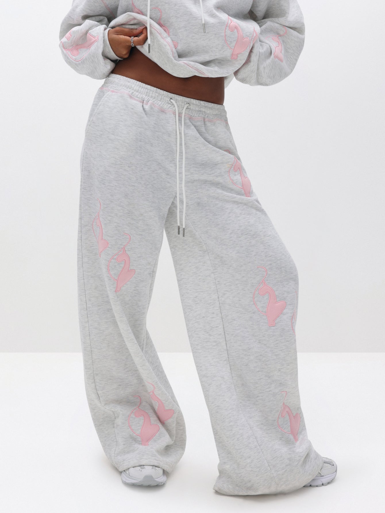 Logo Marled Sweatpant, marled grey sweats with pink logo accents, front view