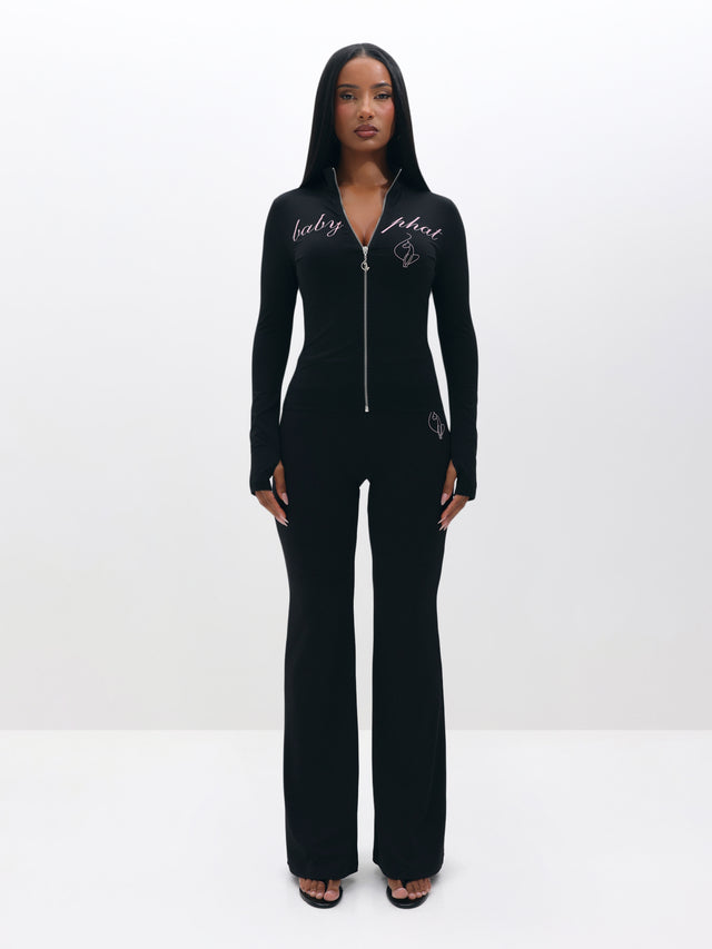 Pull On Flare Leggings, black fitted flare leg profile from front, front full-body view