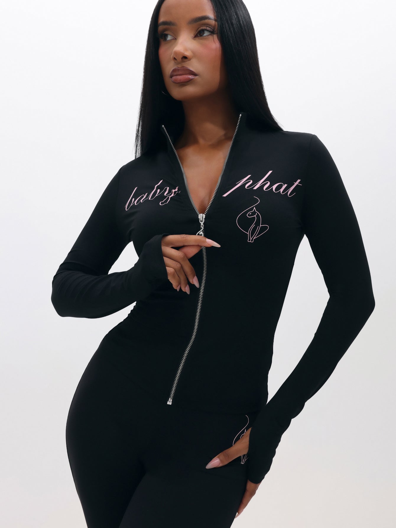 Long Sleeve High Neck Zip Up Top Black Fitted | Baby Phat