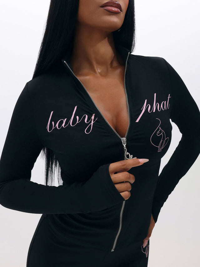 Long Sleeve High Neck Zip Up Top, chest script logo and silver zipper pull, close-up detail