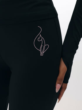 Pull On Flare Leggings, black cat emblem printed at hip, logo detail