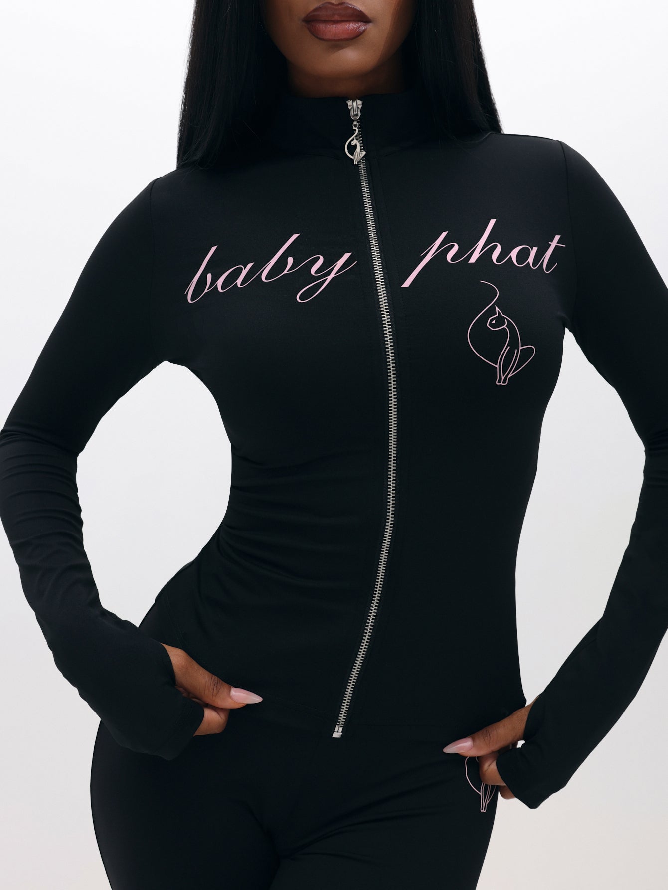 Long Sleeve High Neck Zip Up Top Black Fitted | Baby Phat