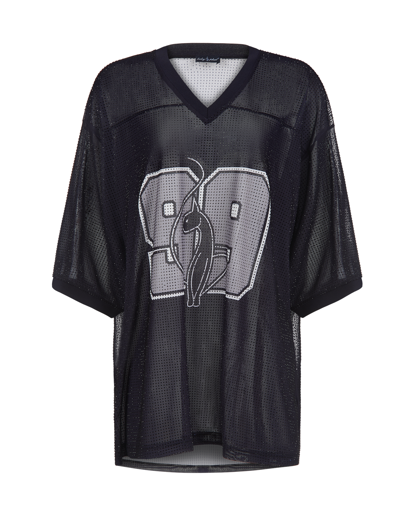 Baby Phat oversized rhinestone jersey in black features rhinestones all over and a large 99 logo in grey on center front. Cat logo featured in the center of the 99. Jersey has v-neck.