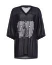 Baby Phat oversized rhinestone jersey in black features rhinestones all over and a large 99 logo in grey on center front. Cat logo featured in the center of the 99. Jersey has v-neck.