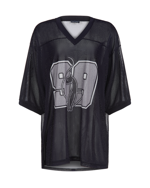 Baby Phat oversized rhinestone jersey in black features rhinestones all over and a large 99 logo in grey on center front. Cat logo featured in the center of the 99. Jersey has v-neck.