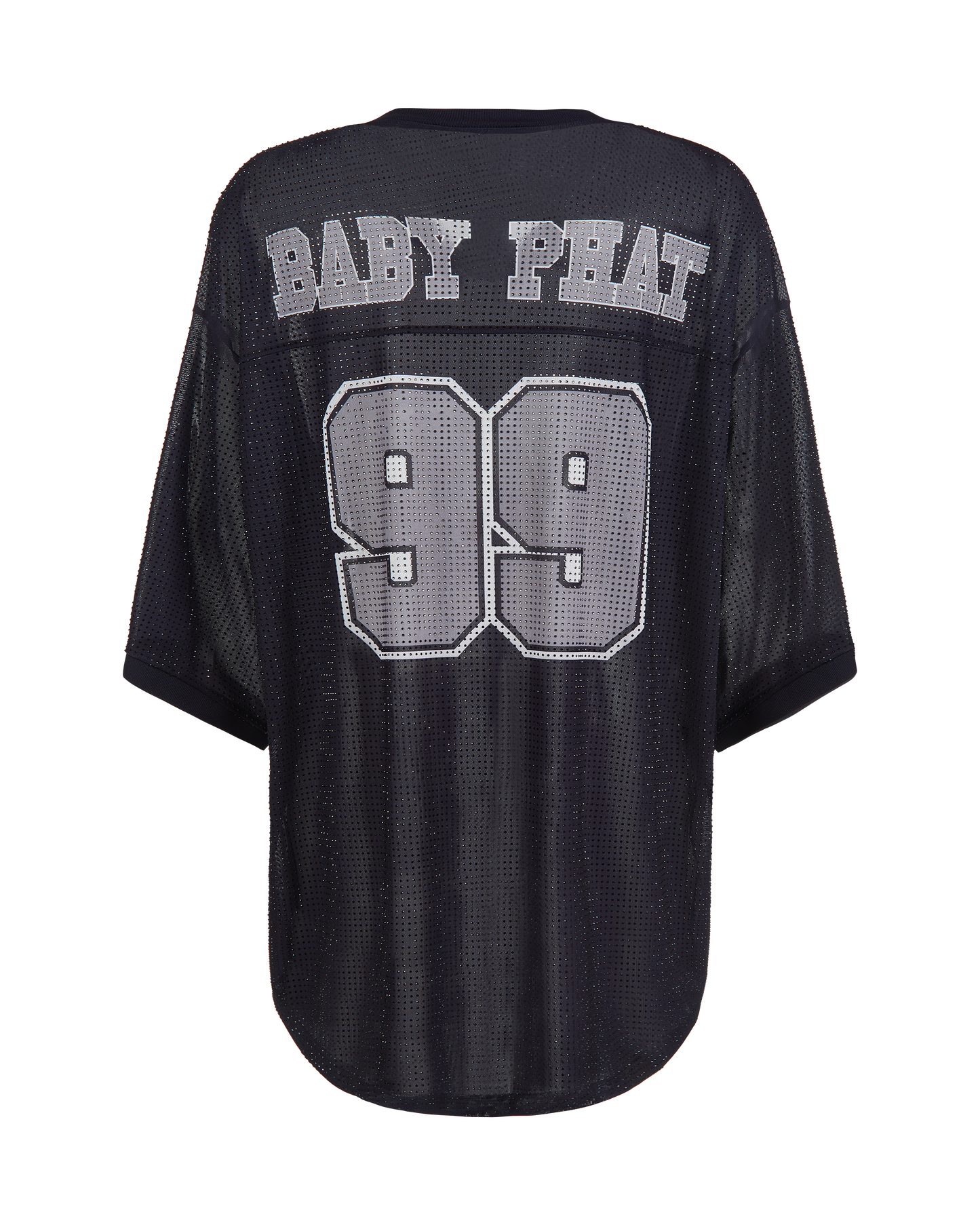 Baby Phat oversized rhinestone jersey in black features rhinestones all over and a large 99 logo in grey on center back. Baby Phat logo in block letters featured on the top of back.