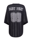 Baby Phat oversized rhinestone jersey in black features rhinestones all over and a large 99 logo in grey on center back. Baby Phat logo in block letters featured on the top of back.