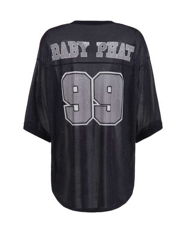 Baby Phat oversized rhinestone jersey in black features rhinestones all over and a large 99 logo in grey on center back. Baby Phat logo in block letters featured on the top of back.