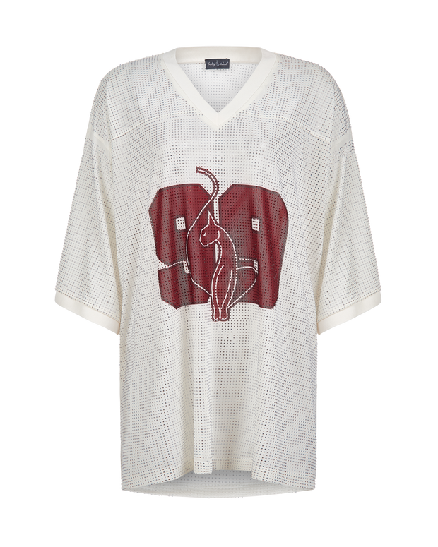 Baby Phat oversized rhinestone jersey in cream features rhinestones all over and a large 99 logo in burgundy on center front. Cat logo featured in the center of the 99. Jersey has v-neck.