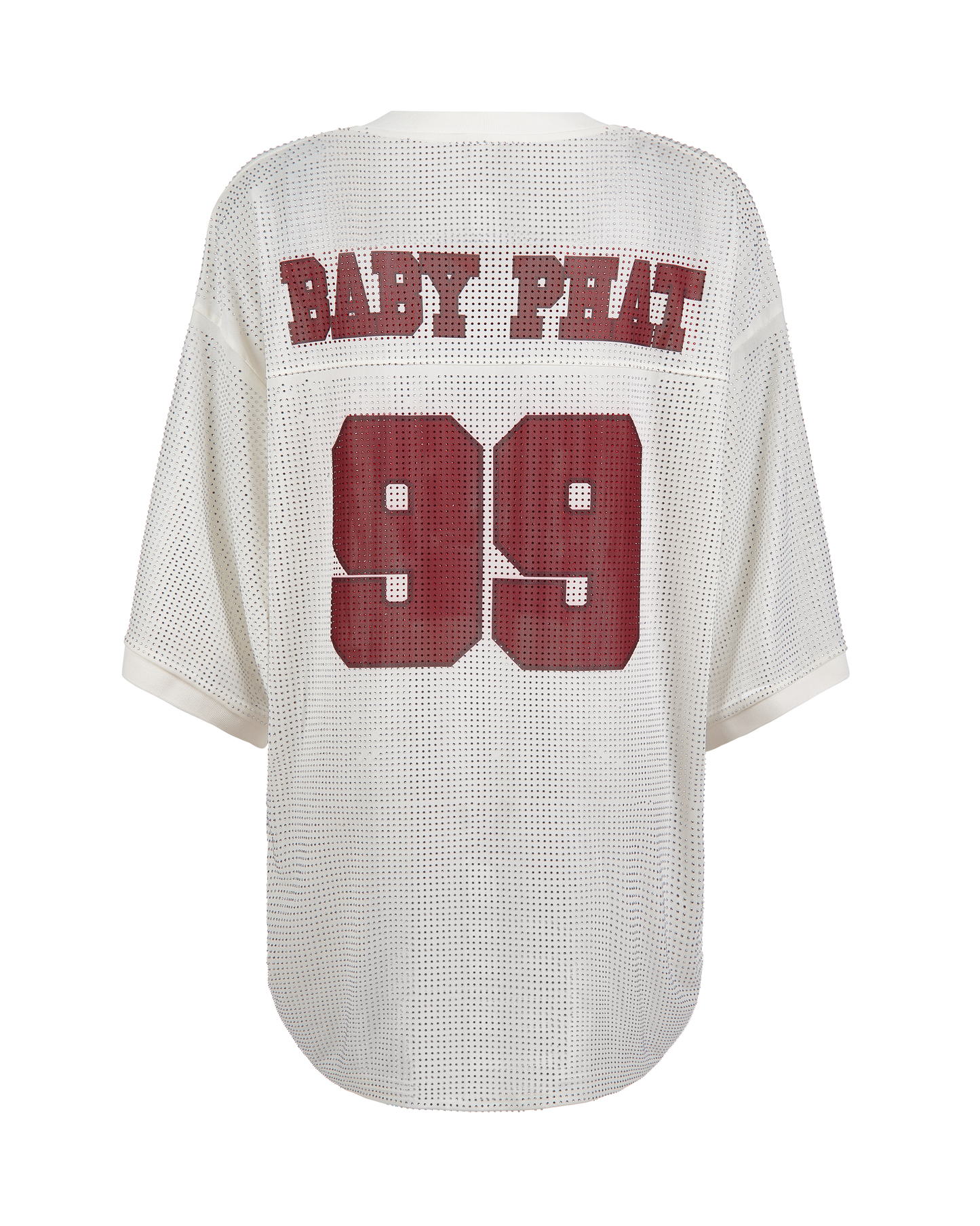 Baby Phat oversized rhinestone jersey in cream features rhinestones all over and a large 99 logo in burgundy on center back. Baby Phat logo in block letters featured on the top of back.