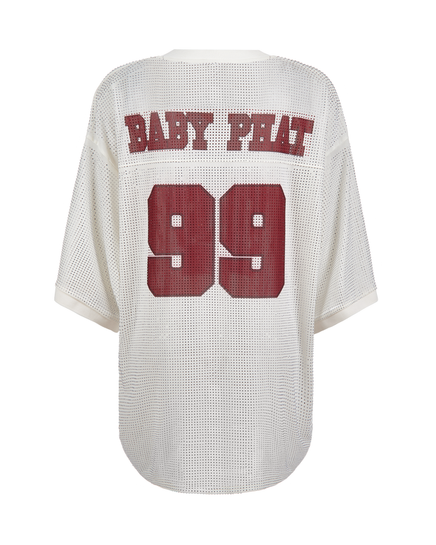 Baby Phat oversized rhinestone jersey in cream features rhinestones all over and a large 99 logo in burgundy on center back. Baby Phat logo in block letters featured on the top of back.