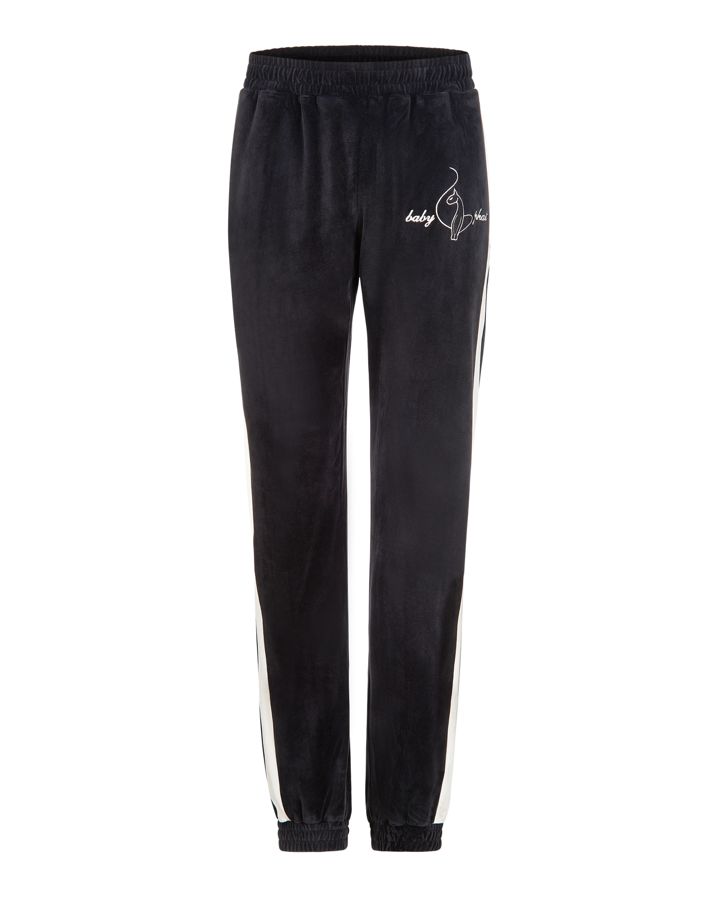 Baby Phat heritage sweatpant in black features cream side stripe down the leg and cat and script brand logo on upper thigh. Pants feature elastic waistband and elastic hem.