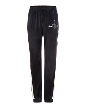 Heritage Sweatpant, black velour pant with cream stripe and thigh logo, flat lay