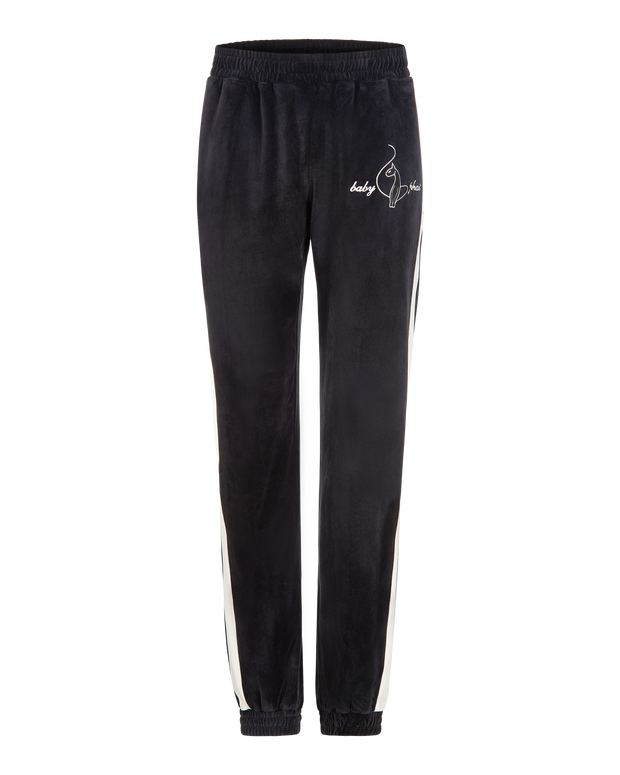 Baby Phat heritage sweatpant in black features cream side stripe down the leg and cat and script brand logo on upper thigh. Pants feature elastic waistband and elastic hem.