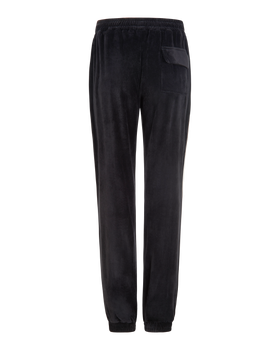 Heritage Sweatpant, black velour pant with flap back pocket detail, flat lay