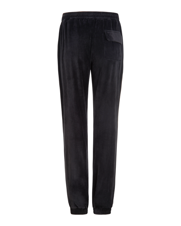 Baby Phat heritage sweatpant in black features cream side stripe down the leg and large flap pocket on the butt. Pants feature elastic waistband and elastic hem.