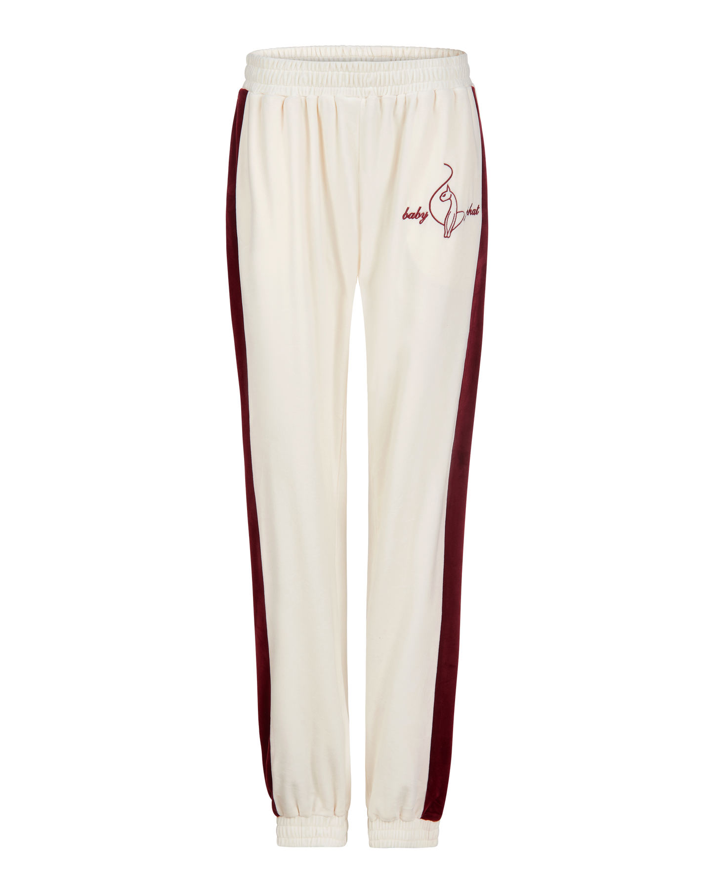 Baby Phat heritage sweatpant in cream features burgundy side stripe down the leg and cat and script brand logo on upper thigh. Pants feature elastic waistband and elastic hem.