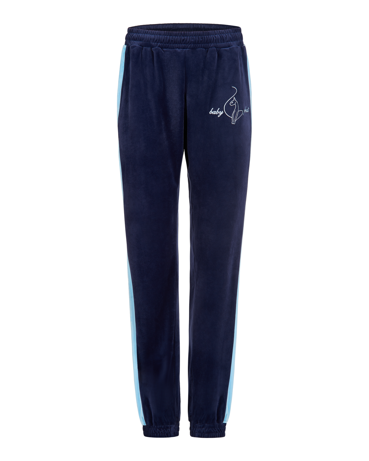 Baby Phat heritage sweatpant in navy features light blue side stripe down the leg and cat and script brand logo on upper thigh. Pants feature elastic waistband and elastic hem.