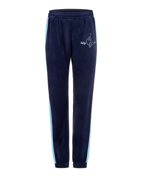 Heritage Sweatpant, navy velour pant with light blue stripe and thigh logo, flat lay