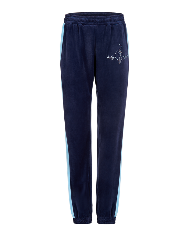 Baby Phat heritage sweatpant in navy features light blue side stripe down the leg and cat and script brand logo on upper thigh. Pants feature elastic waistband and elastic hem.