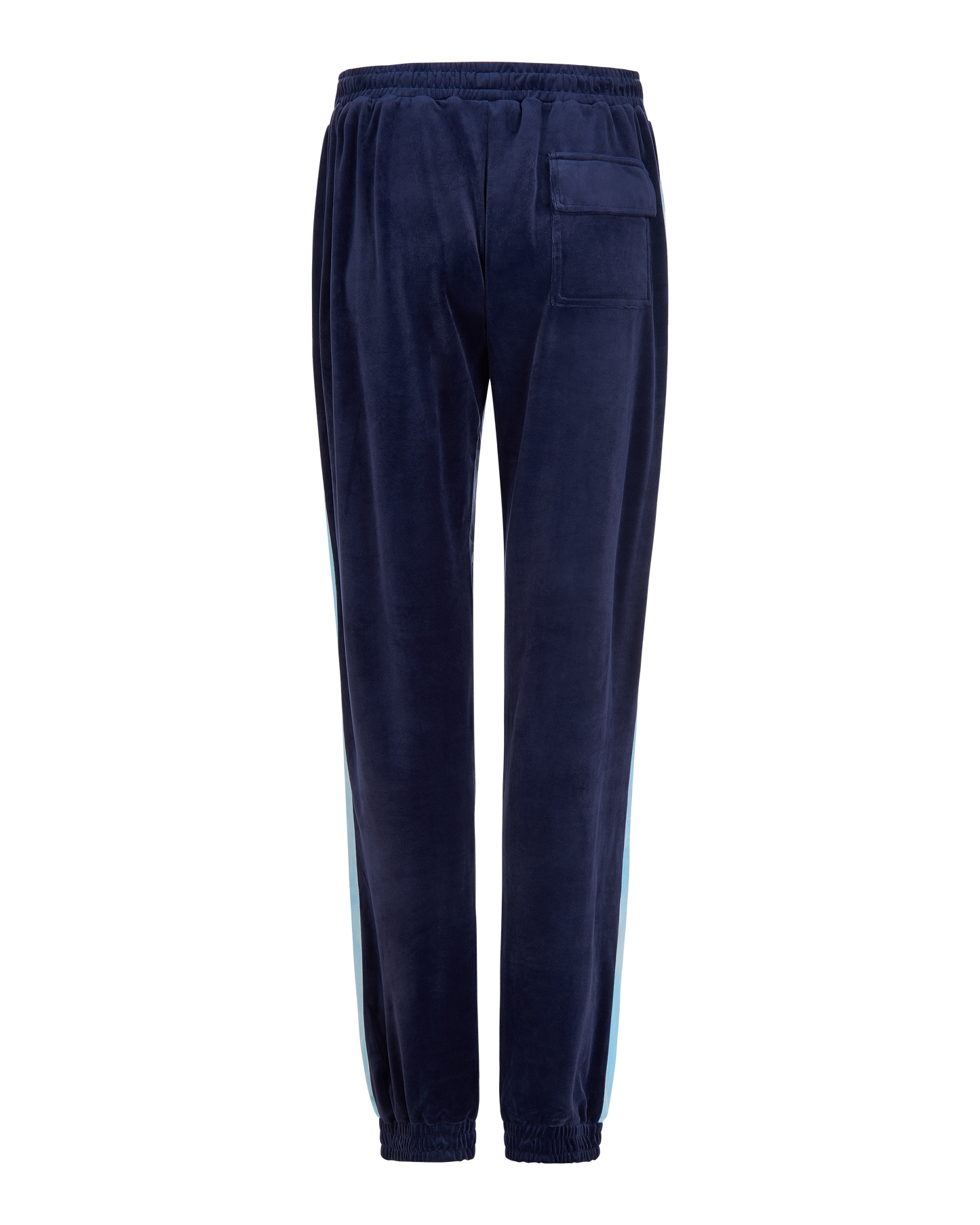 Baby Phat heritage sweatpant in navy features light blue side stripe down the leg and large flap pocket on the butt. Pants feature elastic waistband and elastic hem.