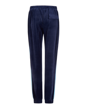 Heritage Sweatpant, navy velour pant with flap back pocket detail, flat lay