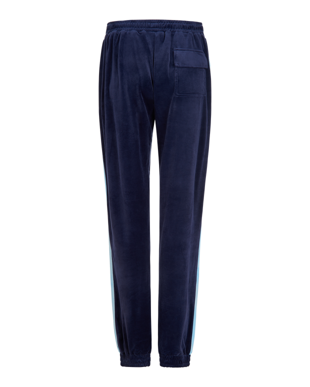 Baby Phat heritage sweatpant in navy features light blue side stripe down the leg and large flap pocket on the butt. Pants feature elastic waistband and elastic hem.