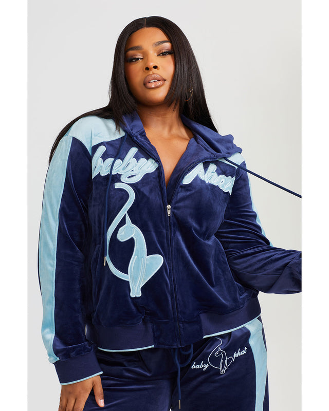 Heritage Zip Up Hoodie, navy velour zip-up with light blue applique details, front view