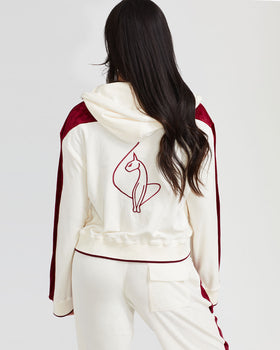 Heritage Zip Up Hoodie, cream back panel with embroidered cat outline, back view