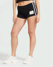 Standard sized model’s legs shown wearing black micro short with 2 contrasting off white stripes down both sides. Short features off white Baby Phat cat 99 heritage logo on wearer's left thigh. 