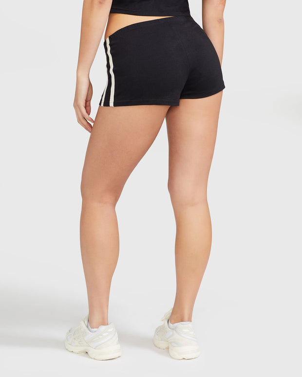 Back view image of standard sized model’s legs shown wearing black micro short with 2 contrasting off white stripes down both sides. 
