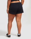 Back view image of plus sized model’s legs shown wearing black micro short with 2 contrasting off white stripes down both sides.
