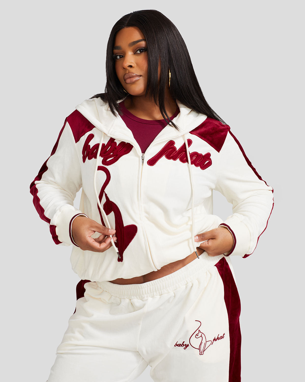Heritage Zip Up Hoodie, cream with burgundy velour script and cat applique, front view