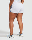 Back view image of plus sized model’s legs shown wearing heather grey micro short with 2 contrasting navy blue stripes down both sides. 