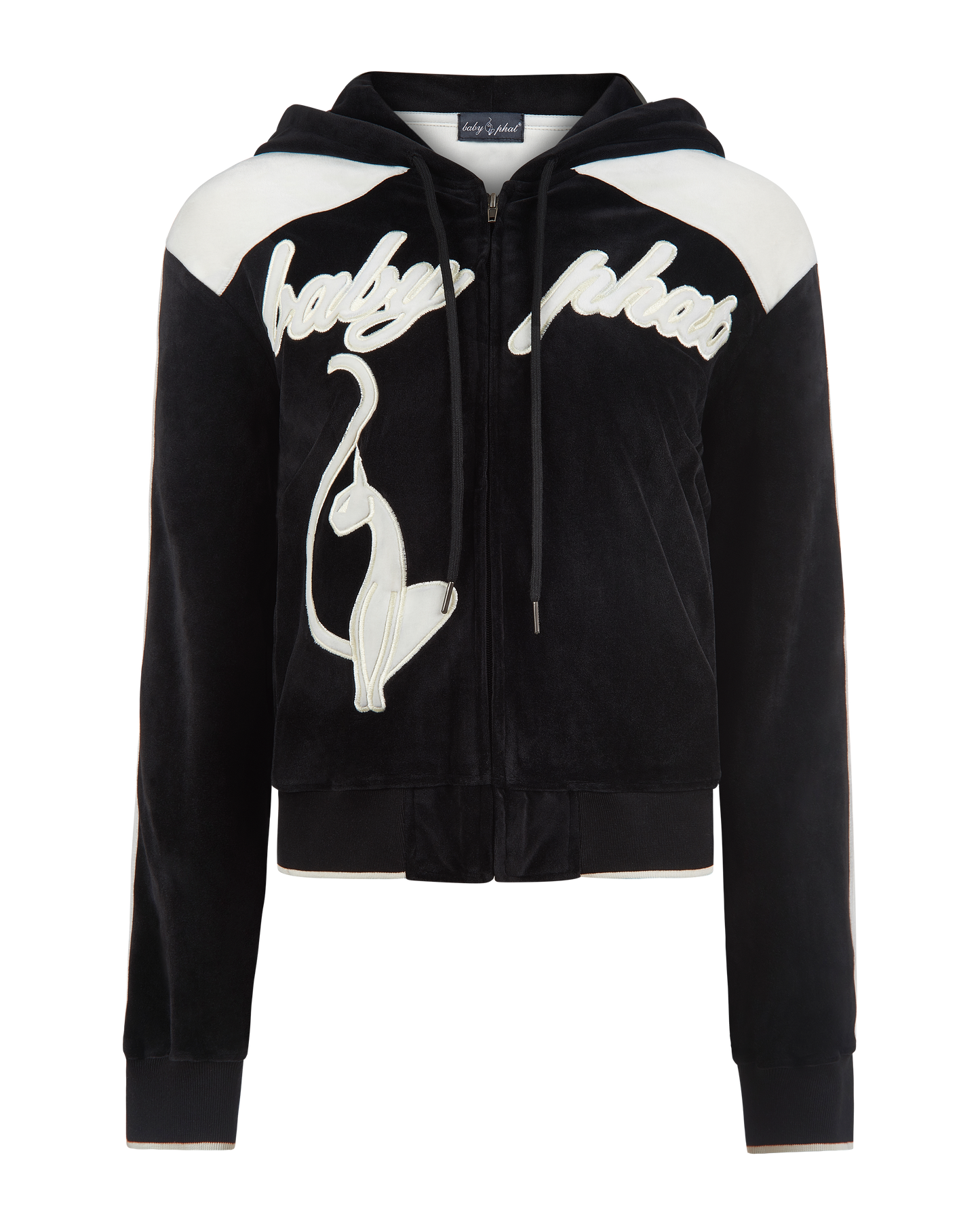 Velour zip up sweatshirt in black features cream color blocking. Baby Phat script logo across the chest. Oversized cat logo on the front of jacket. Back of jacket features additional cat logo.