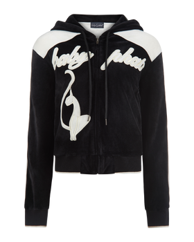 Heritage Zip Up Hoodie, black velour product image with white applique, flat lay