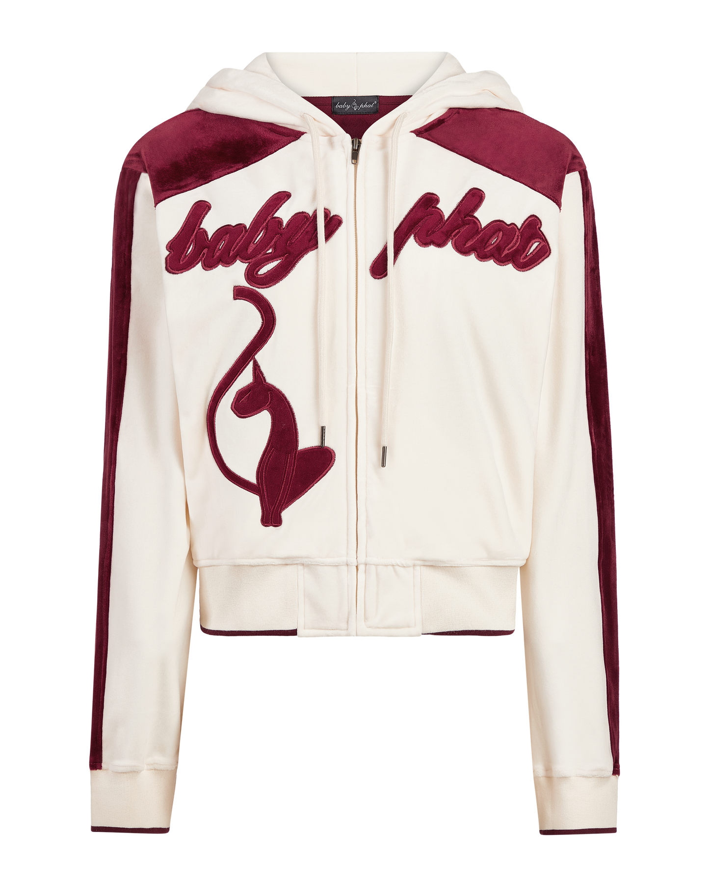 Velour zip up sweatshirt in cream features burgundy color blocking. Baby Phat script logo across the chest. Oversized cat logo on the front of jacket. Back of jacket features additional cat logo.