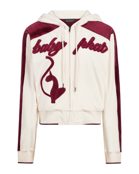 Heritage Zip Up Hoodie, cream and burgundy velour zip-up product image, flat lay
