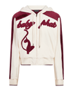 Velour zip up sweatshirt in cream features burgundy color blocking. Baby Phat script logo across the chest. Oversized cat logo on the front of jacket. Back of jacket features additional cat logo.