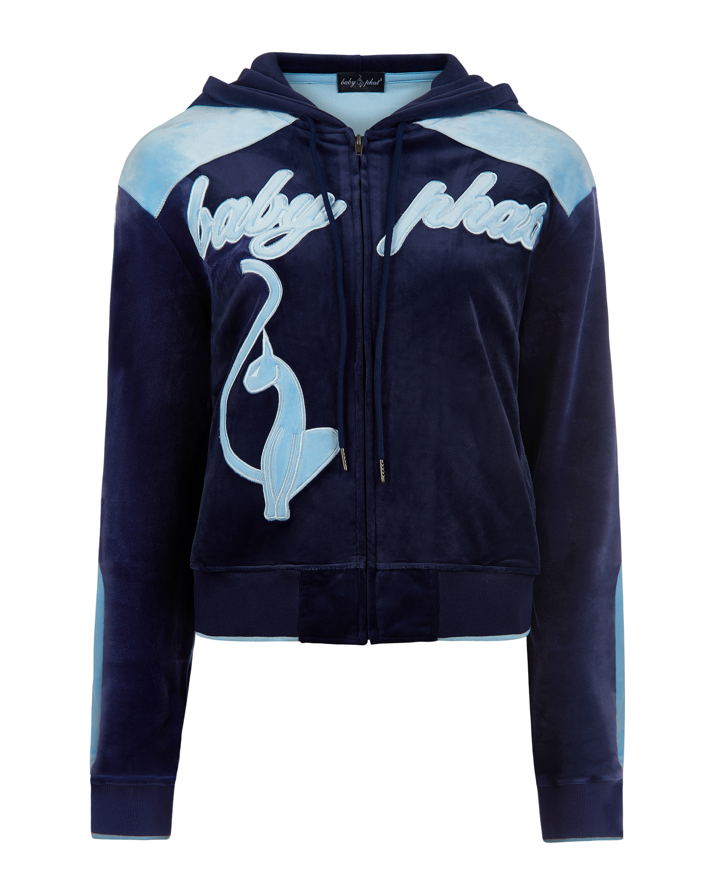 Velour zip up sweatshirt in navy features light blue color blocking. Baby Phat script logo across the chest. Oversized cat logo on the front of jacket. Back of jacket features additional cat logo.