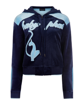 Heritage Zip Up Hoodie, navy velour product image with ice-blue applique, flat lay
