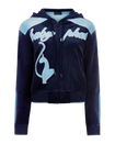 Velour zip up sweatshirt in navy features light blue color blocking. Baby Phat script logo across the chest. Oversized cat logo on the front of jacket. Back of jacket features additional cat logo.