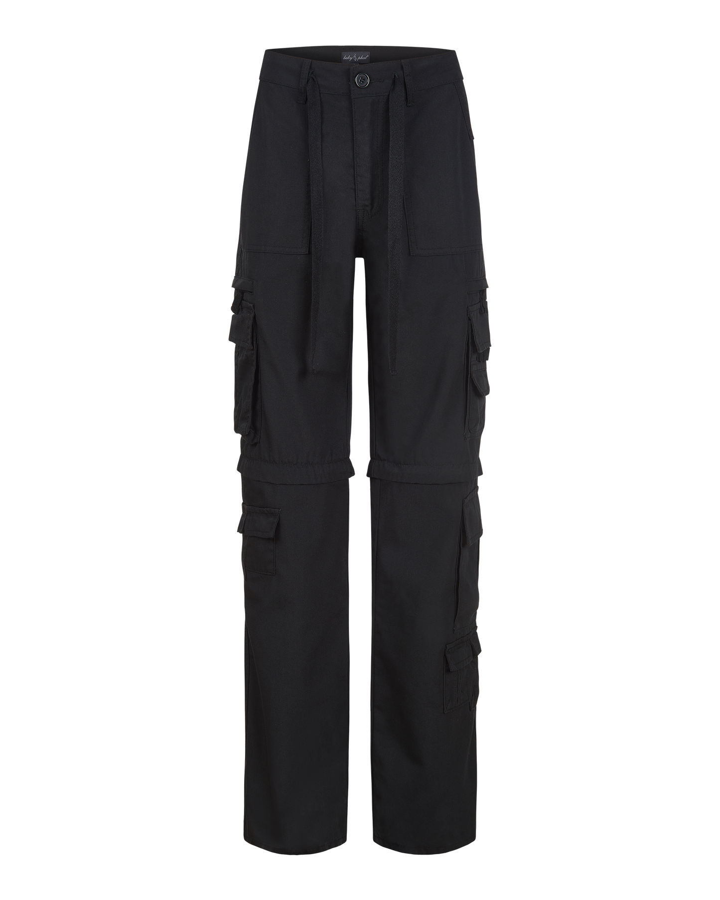 Transformer boyfriend pant in black features cargo pockets throughout. Pants feature zipper to transform pants into shorts. 