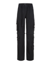 Transformer boyfriend pant in black features cargo pockets throughout. Pants feature zipper to transform pants into shorts. 