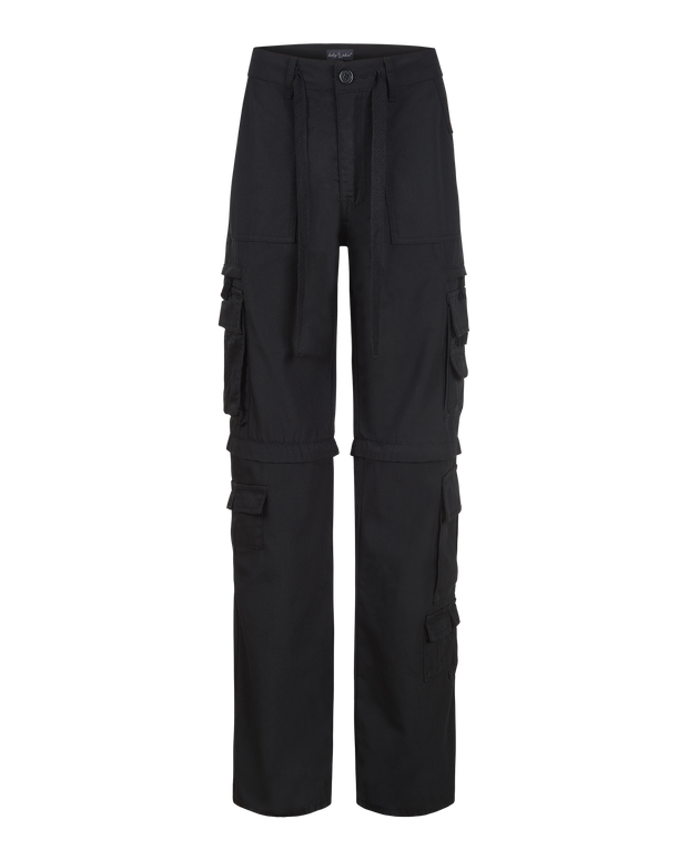 Transformer boyfriend pant in black features cargo pockets throughout. Pants feature zipper to transform pants into shorts. 