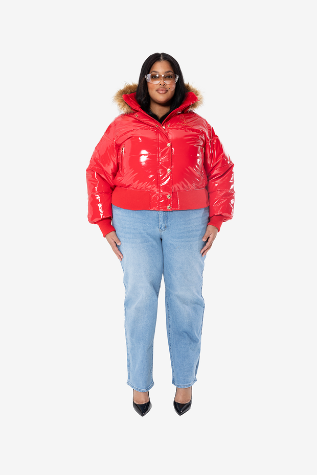 Red moncler 2024 with fur hood