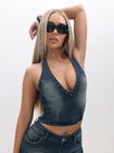 Halter Neck Denim Top with Studs