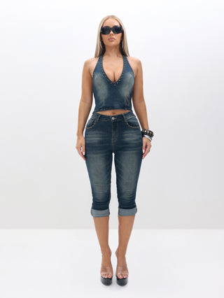 Halter Neck Denim Top with Studs